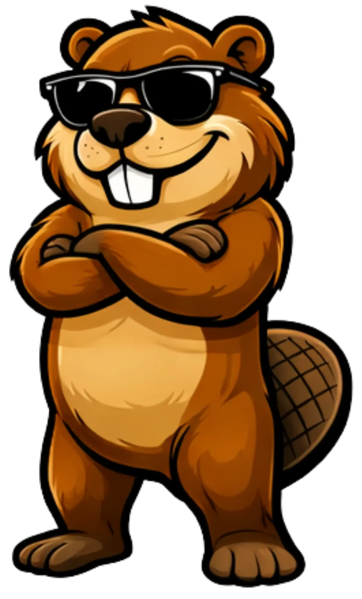 Chip the beaver mascot, arms crossed